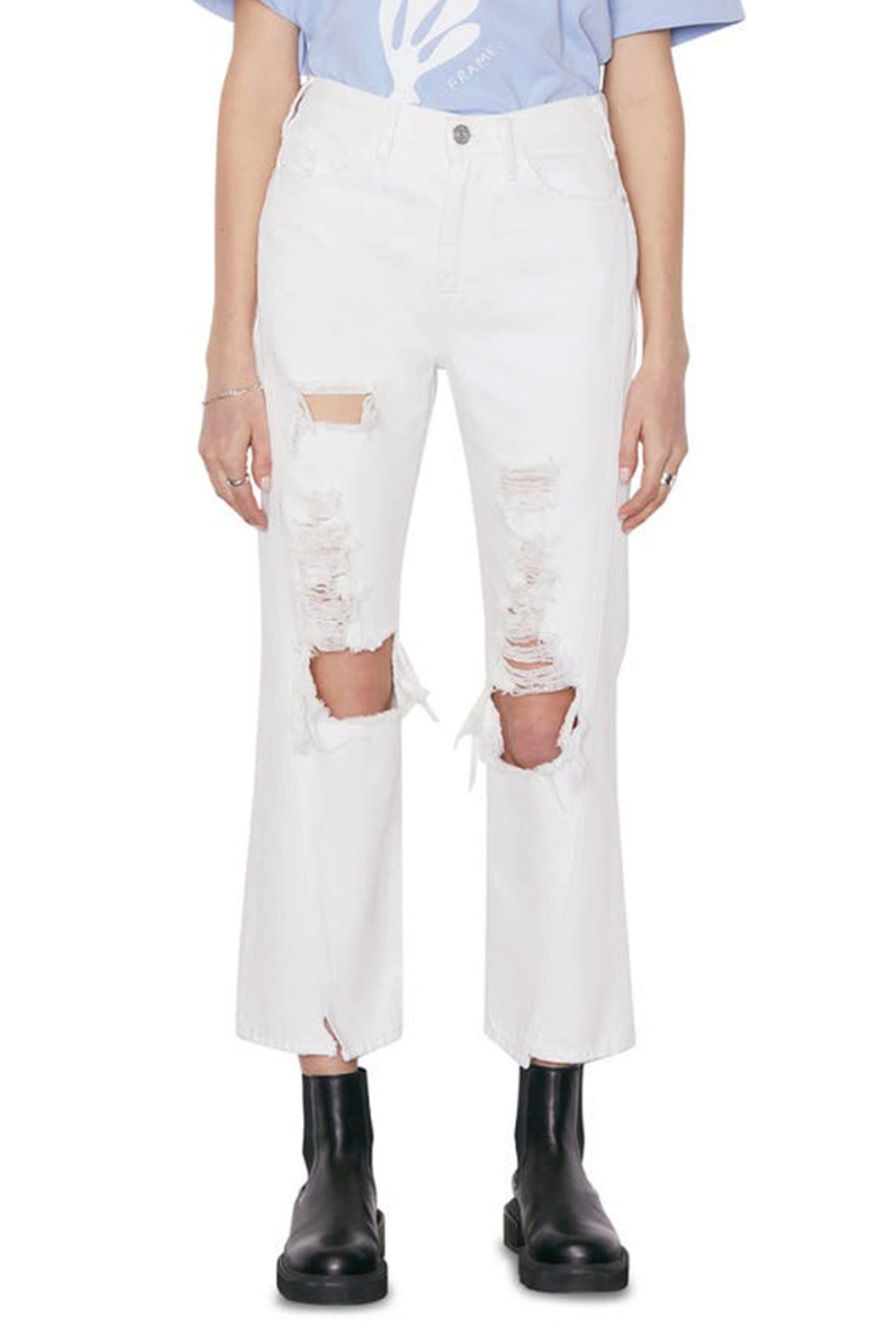 Frame Le Jane Crop Distressed Straight-Leg Jean 27 White Rumpled Blanc Destruct